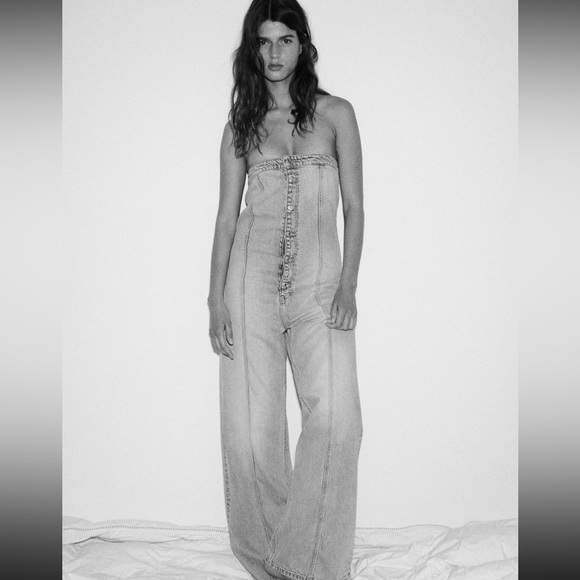 Zara Pants & Jumpsuits Zara Strapless Denim Jumpsuit Poshmark